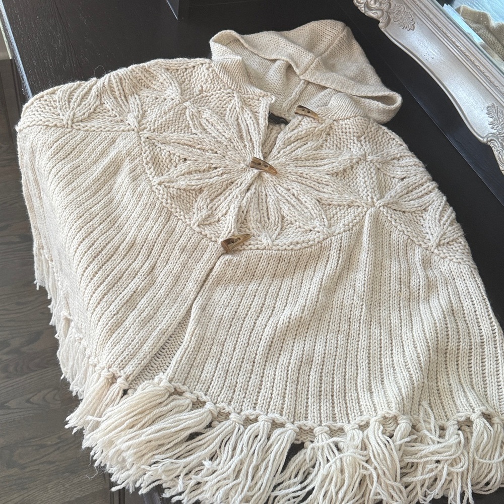 INC International Concepts Hooded 3 Button Wool Cape w Fringe Sun Sz Petite XS-S - Picture 14 of 17